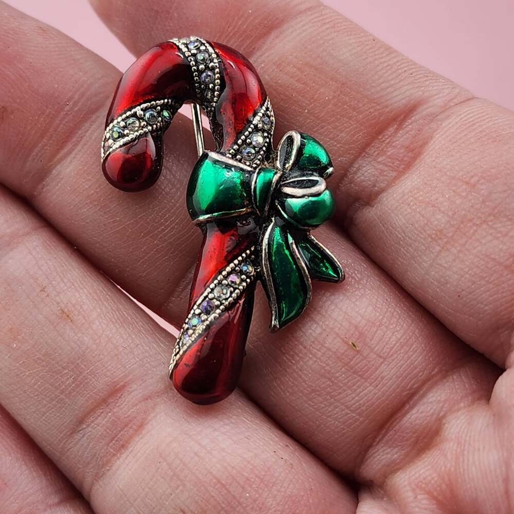 Red Candy Cane Brooch Green Bow Clear Rhinestone Silver Tone Christmas Pin